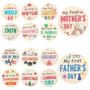 7pcs My First Holiday Baby Milestones Cards, My 1st Signs of 14 Holidays Wooden Circles New Baby Sign Double Sided Baby Discs Announcement Newborn Photo Props for Baby Shower Party Supplies Gift