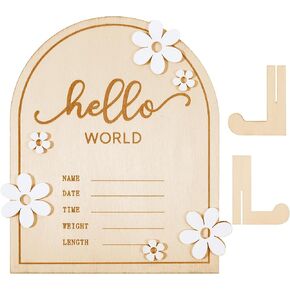Wooden Hello World Newborn Sign Daisy Wooden Newborn Birth Announcement Board 7.08x6.3 Inch Baby Announcement Sign for Baby Showers Baby Milestone Card Welcome Baby Shower Gifts