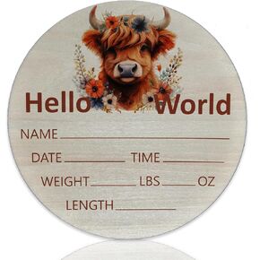 Hello World Newborn Sign Highland Cow Baby Name Birth Announcement Sign for Nursery Hospital Welcome Baby Name Plaque 6 inch Circle Birch Wood Board Birth Stat Sign Newborn Gifts for Mom