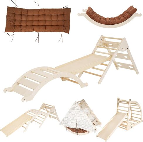 Foldable Toddler Climbing Toys Indoor Jungle Gym, Pikler Triangle Set with Cushion, Slide, Arch and Triangle Canvas, 8-in-1 Montessori Climbing Set(1.5-8yrs) in Saudi Arabia