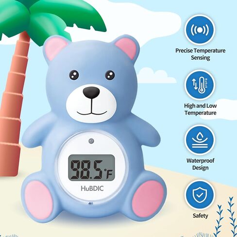 HubiBaby Baby Bath Thermometer & Digital Room Temperature, 2in1 Kids Bathroom Safety Products with Temperature Warning, Floating Teddy Bear (Blue) in Kuwait