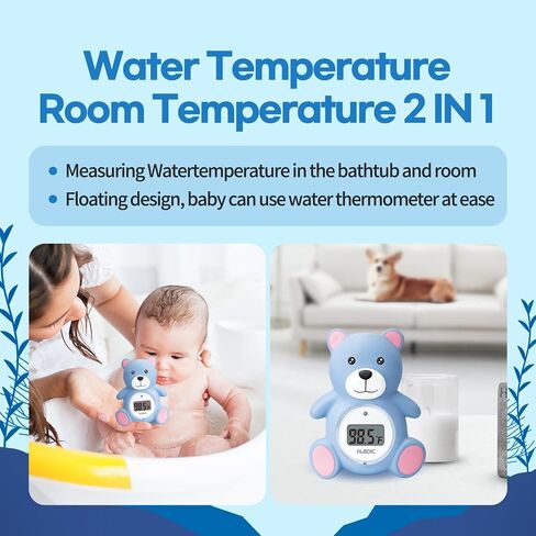 HubiBaby Baby Bath Thermometer & Digital Room Temperature, 2in1 Kids Bathroom Safety Products with Temperature Warning, Floating Teddy Bear (Blue) in Kuwait