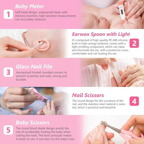 Baby Grooming Kit, 15 in 1 Portable Baby Safety Care Kit with Baby Brush and Comb Set Nail Clippers Nasal Aspirator etc for Nursery Newborn Infant Girl Boys Keep Clean Baby Essentials(Pink) in Saudi Arabia