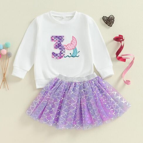 Toddler Baby Girl Mermaid Birthday Outfit 1st/2nd/3rd/4th/5th/6th Sweatshirt Tutu Skirts Kids Cake Smash Outfit in Saudi Arabia