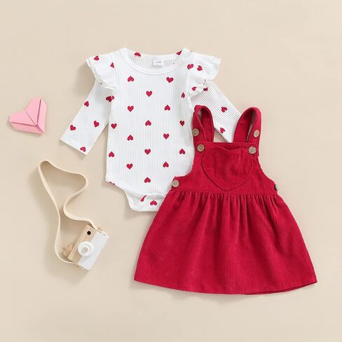 Baby Girl's Valentines Day Outfits Heart Pattern Ruffle Long Sleeve Round Neck Romper and Suspender Skirt in Saudi Arabia