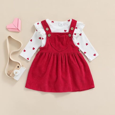 Baby Girl's Valentines Day Outfits Heart Pattern Ruffle Long Sleeve Round Neck Romper and Suspender Skirt in Saudi Arabia