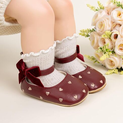 Baby Infant Girl Mary Jane Shoes Bow Baby Dress Shoes PU Leather Non-Slip Rubber Sole First Walkers Princess Wedding Newborn Crib Shoes in Kuwait