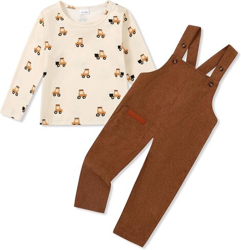 Wesidom Toddler Boy Cloths Fall Winter With With Fordler Sails 2-3T ، ROMPER ذات الأكمام الطويلة المخططة مع الأشرطة القابلة للتعديل (بني) in Kuwait