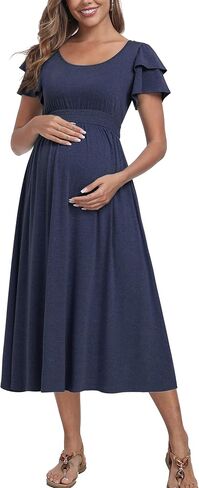 Ruffle Short Sleeve Maternity Dress High Waisted Midi Spring Baby Shower Dresses in Saudi Arabia