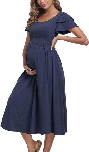Ruffle Short Sleeve Maternity Dress High Waisted Midi Spring Baby Shower Dresses in Saudi Arabia
