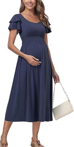 Ruffle Short Sleeve Maternity Dress High Waisted Midi Spring Baby Shower Dresses in Saudi Arabia