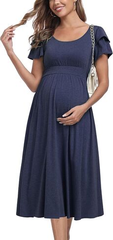 Ruffle Short Sleeve Maternity Dress High Waisted Midi Spring Baby Shower Dresses in Saudi Arabia