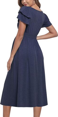 Ruffle Short Sleeve Maternity Dress High Waisted Midi Spring Baby Shower Dresses in Saudi Arabia