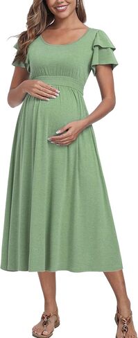 Ruffle Short Sleeve Maternity Dress High Waisted Midi Spring Baby Shower Dresses in Saudi Arabia