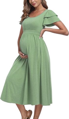 Ruffle Short Sleeve Maternity Dress High Waisted Midi Spring Baby Shower Dresses in Saudi Arabia