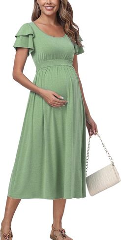 Ruffle Short Sleeve Maternity Dress High Waisted Midi Spring Baby Shower Dresses in Saudi Arabia
