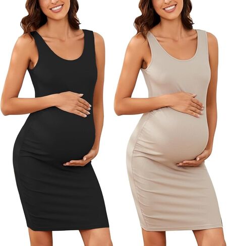 Ecavus Women's Maternity Ribbed Slim Fit Dress Sleeveless Tank Dresses Scoop Neck Pregnancy Bodycon Dress for Casual Wear in Saudi Arabia