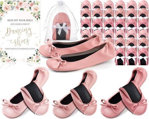 Jecery 48 Pairs Pink Floral Bridal Shower Supplies Wedding Foldable Flat Set Ballerina Slippers Floral Party Signs Portable Travel Ballet Flat Bulk Wedding Dancing Shoes for Guests Bridesmaids in Kuwait