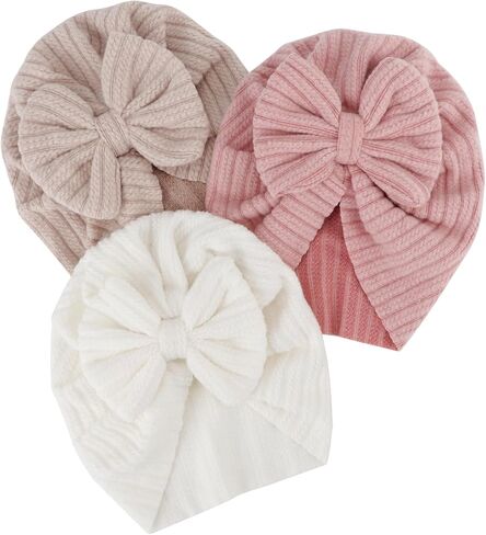 DRESHOW BQUBO 3 Pieces Newborn Baby Turban Hats Bow Baby Infant Beanie Breathable Toddler Cap for Baby Girls in Kuwait
