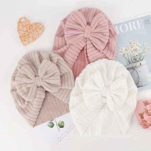DRESHOW BQUBO 3 Pieces Newborn Baby Turban Hats Bow Baby Infant Beanie Breathable Toddler Cap for Baby Girls in Kuwait