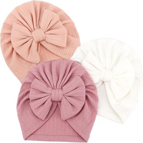 DRESHOW BQUBO 3 Pieces Newborn Baby Turban Hats Bow Baby Infant Beanie Breathable Toddler Cap for Baby Girls in Kuwait