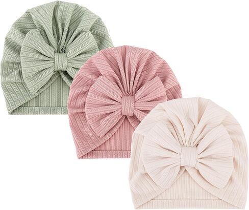 DRESHOW BQUBO 3 Pieces Newborn Baby Turban Hats Bow Baby Infant Beanie Breathable Toddler Cap for Baby Girls in Kuwait