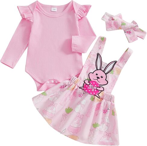 Adobabirl Baby Girl Easter Dress Outfit Ribbed Ruffle Romper Bunny Suspender Skirt Headband 3Pcs Spring Clothing Set in Kuwait