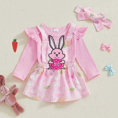 Adobabirl Baby Girl Easter Dress Outfit Ribbed Ruffle Romper Bunny Suspender Skirt Headband 3Pcs Spring Clothing Set in Kuwait