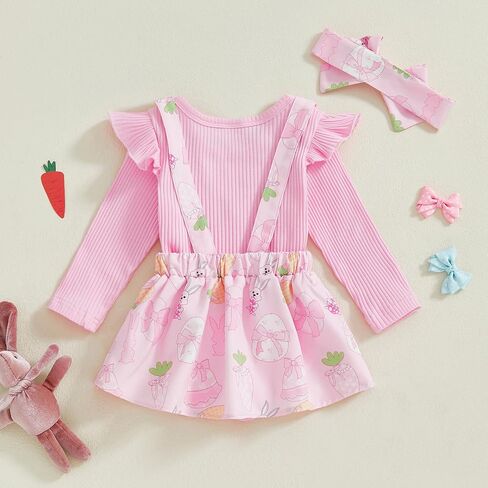 Adobabirl Baby Girl Easter Dress Outfit Ribbed Ruffle Romper Bunny Suspender Skirt Headband 3Pcs Spring Clothing Set in Kuwait