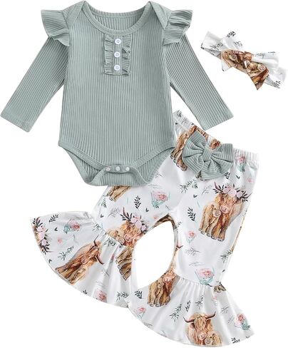 MERSARIPHY Newborn Baby Girl Clothes Ribbed Knit Ruffle Romper Bodysuit Bell-Bottom Pant Set 3Pcs Infant Fall Winter Outfits in Saudi Arabia