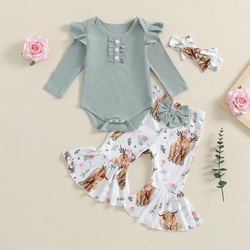 MERSARIPHY Newborn Baby Girl Clothes Ribbed Knit Ruffle Romper Bodysuit Bell-Bottom Pant Set 3Pcs Infant Fall Winter Outfits in Saudi Arabia