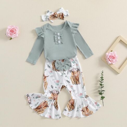 MERSARIPHY Newborn Baby Girl Clothes Ribbed Knit Ruffle Romper Bodysuit Bell-Bottom Pant Set 3Pcs Infant Fall Winter Outfits in Saudi Arabia