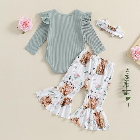 MERSARIPHY Newborn Baby Girl Clothes Ribbed Knit Ruffle Romper Bodysuit Bell-Bottom Pant Set 3Pcs Infant Fall Winter Outfits in Saudi Arabia