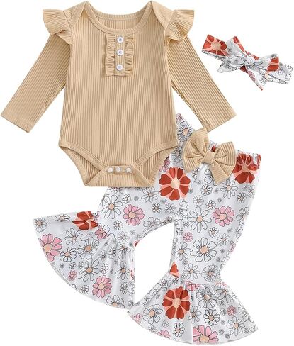 MERSARIPHY Western Baby Girl Clothes Newborn Rib Knit Ruffle Romper Bodysuit Bell-Bottom Pant Set Infant Fall Winter Outfits in Saudi Arabia