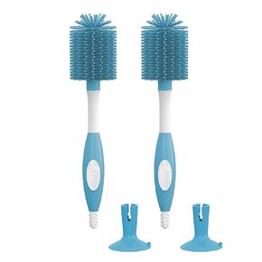 Dr. Brown's Soft Touch No Scratch Baby Bottle Cleaning Brush, Nipple Cleaner and Suction Cup Base for Easy Storage, BPA Free, Blue, 2 Pack