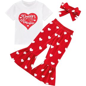 Toddler Girl Valentines Day Outfit Love Heart T-Shirt Bell Bottom Pants Headband 3Pcs Summer Clothes Set 1-6T