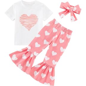 Toddler Girl Valentines Day Outfit Love Heart T-Shirt Bell Bottom Pants Headband 3Pcs Summer Clothes Set 1-6T in Saudi Arabia
