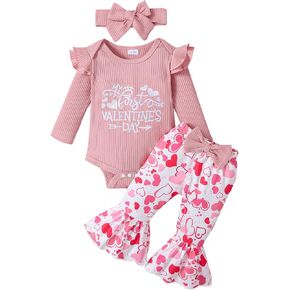 Newborn Baby Girl My First Valentine's Day Clothes Long Sleeve Romper Bow Headband Heart Bell-Bottomed Pants Outfits
