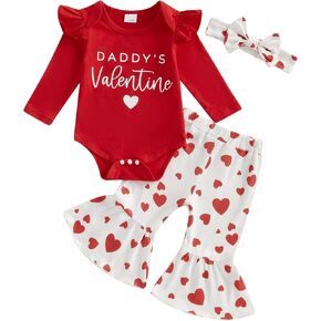 Newborn Baby Girl Valentines Day Outfit Daddy's Valentine Long Sleeve Romper Heart Bow Flare Pants Headband 3Pcs Set