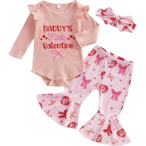 Newborn Baby Girl Valentines Day Outfit Daddy's Valentine Long Sleeve Romper Heart Bow Flare Pants Headband 3Pcs Set