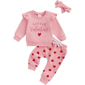 Toddler Baby Girl Valentine's Day Outfits Letter Print Flying Sleeve Sweatshirt with Heart Pattern Pants Headband