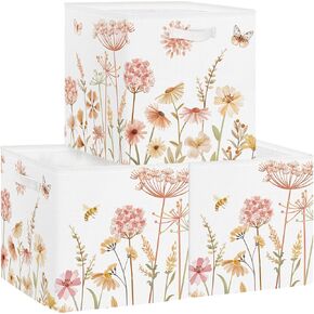 Clastyle 3 Pack Boho Flower Plants Kid Storage Bin Collapsible Large Butterfly Toy Basket for Clothes Book Gift Storage Box with Handle for Office Home Bedroom Nursery