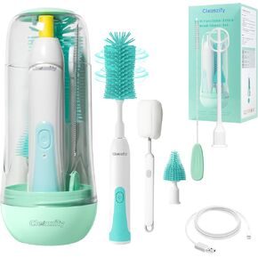 Electric Bottle Brush Cleaner, Rechargeable Baby Bottle Brush Set for Travel, Waterproof Baby Bottle Cleaner with 2 Brush Head, Straw Brush,Mixing Head,Storage Box