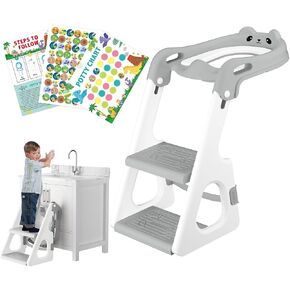 Potty Training Toilet with Potty Training Chart and Step Stool Ladder, Foldable Toddler Toilet Seat with Handles, 2 in 1 Toilet Seat for Kids Boys Girls with Self-Adjustable Height and 3 Stickers Gray