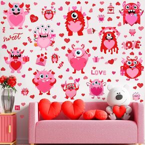 Haull 89 Pcs Valentine's Day Wall Decals Monster Stickers Valentines Day Window Clings Valentine Heart Wall Decoration for Wedding Anniversary Living Room Bedroom Decoration, 6 Sheets