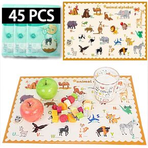 45 Pack Sticky Disposable Placemats for Baby & Toddlers, Cute ABC Animal Toddler Placemat 12"x18" Kids Table Mat for Party, Picnic Table, Restaurants Dining Table Travel Essentials for Toddlers