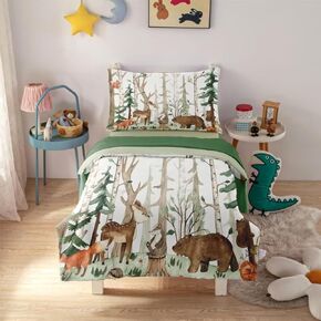 4 Pieces Woodland Animal Toddler Bedding Set for Baby Boys Girls, Sage Green Comforter Set in a Bag, Toddler Quilt Kids Toddler Bed Set Includes Comforter, Sheets and Pillowcase