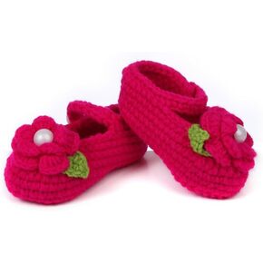 Baby Girl Crochet Knit Mary Jane Flats, Newborn Infant First Walking Shoes, Bowknot Floral, Soft Cozy