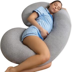 EKLO Pregnancy Pillows, C-Shape Full Body Pillow – Jersey Cover Light Grey – Pregnancy Pillows for Sleeping – Body Pillows for Adults, Maternity Pillow and Pregnancy Must Haves