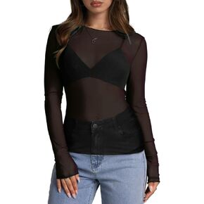 Women's Mesh Sheer Long Sleeve Lace Layering Tee Top Mock Neck Floral See Through Shirt Tops Blouse
